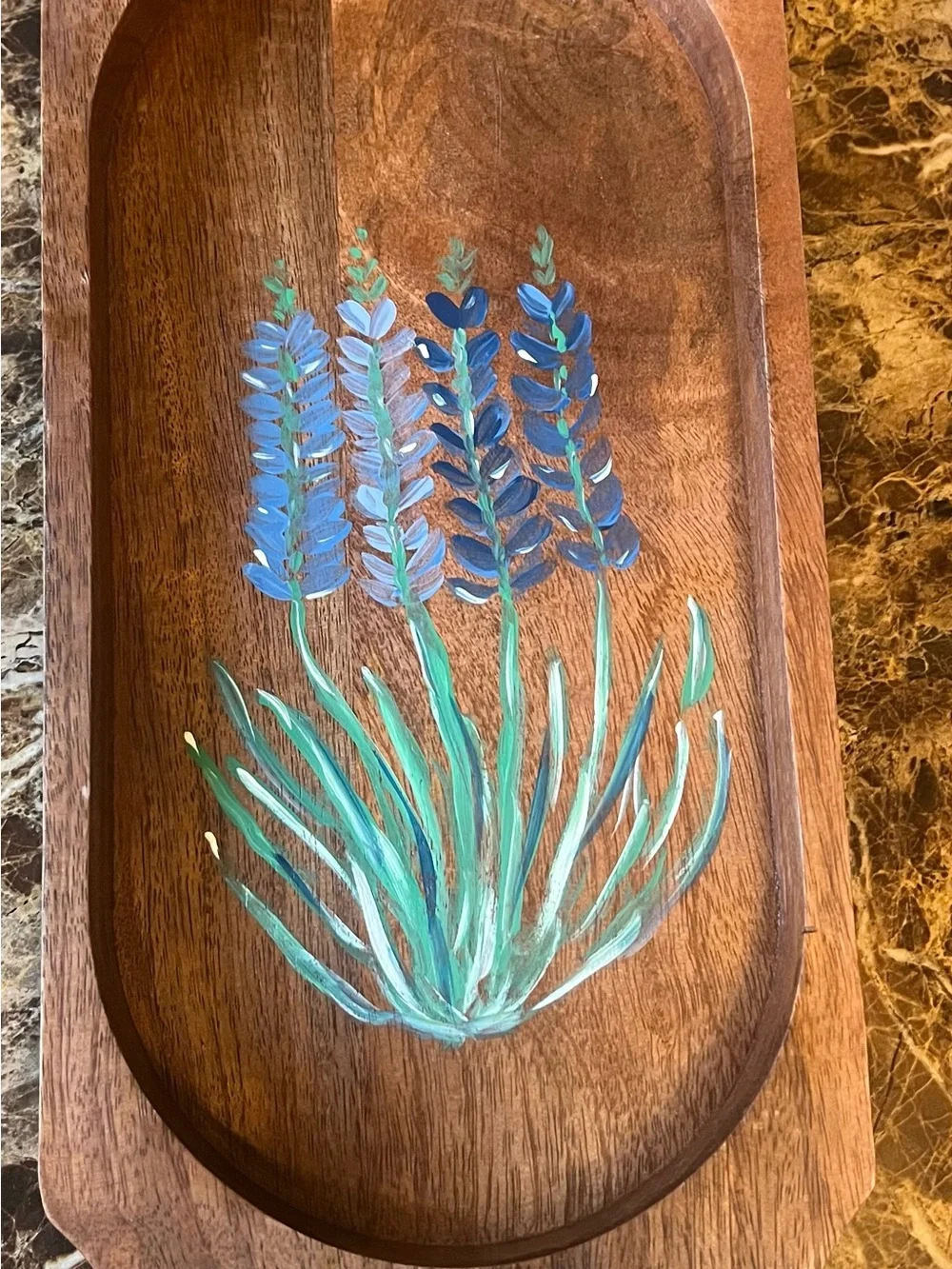 Hand-Painted Wooden Tray with Blue Floral Design
